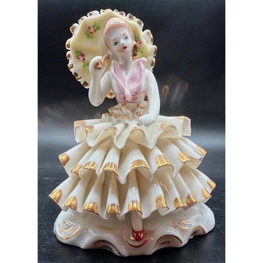 Vintage Japan Lace Porcelain Lady Figurine • Fine Ruffles • No Damage